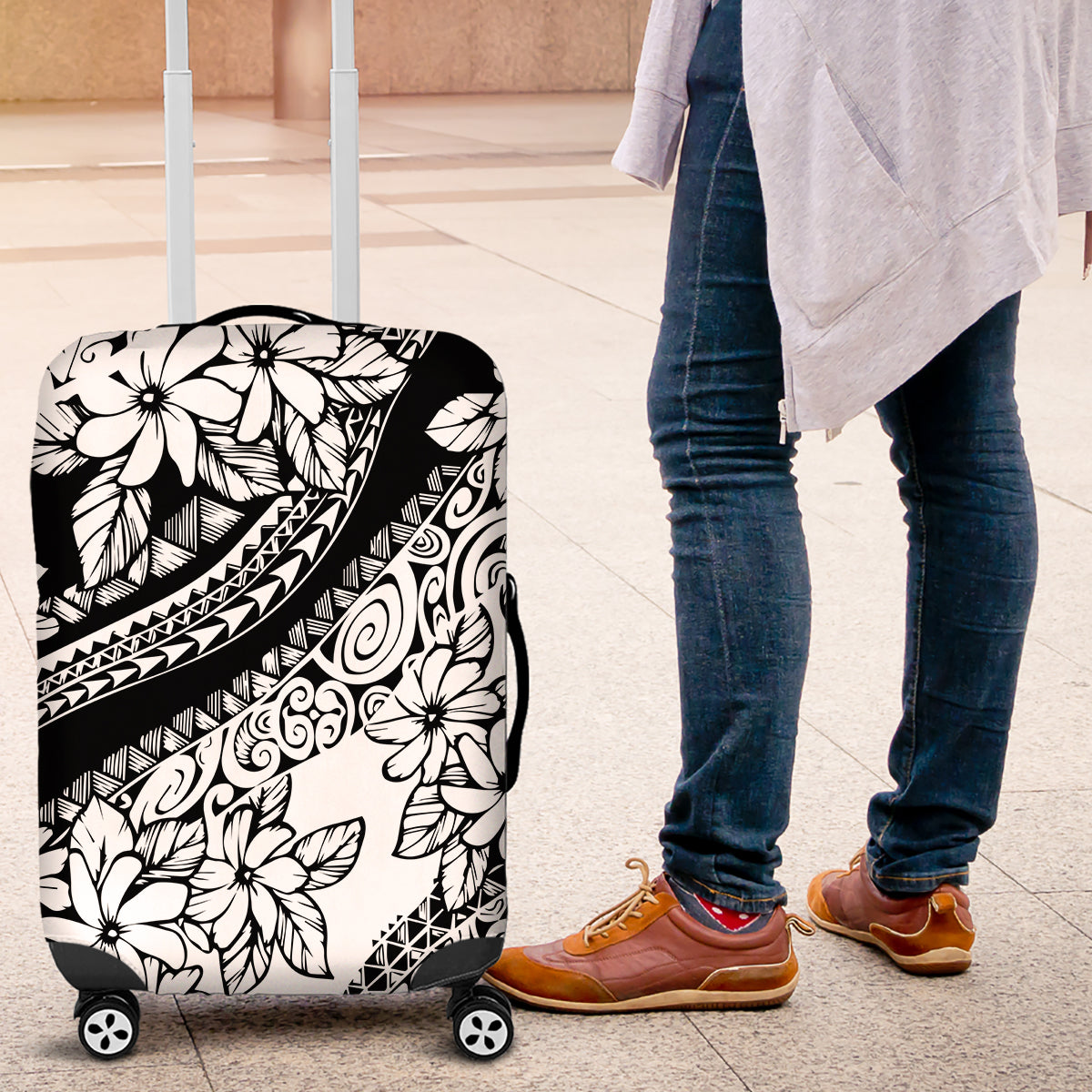 Polynesia Luggage Cover Polynesian Tropical Flowers Black Pastel Vibes - Wonder Print Shop
