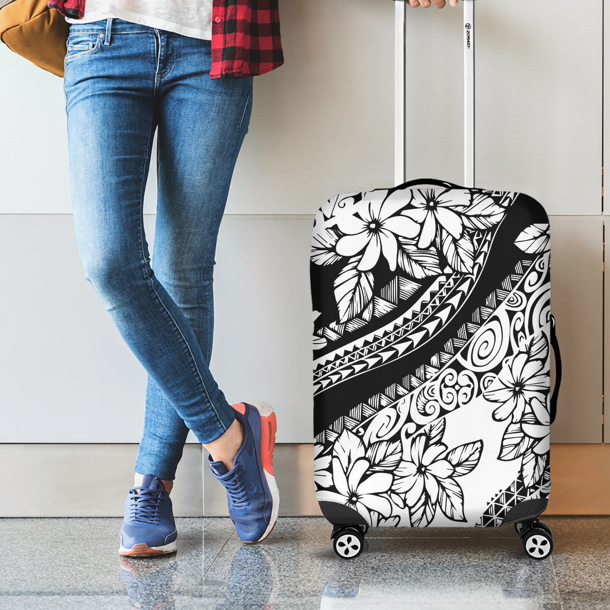 Polynesia Luggage Cover Polynesian Tropical Flowers Black Pastel Vibes - Wonder Print Shop