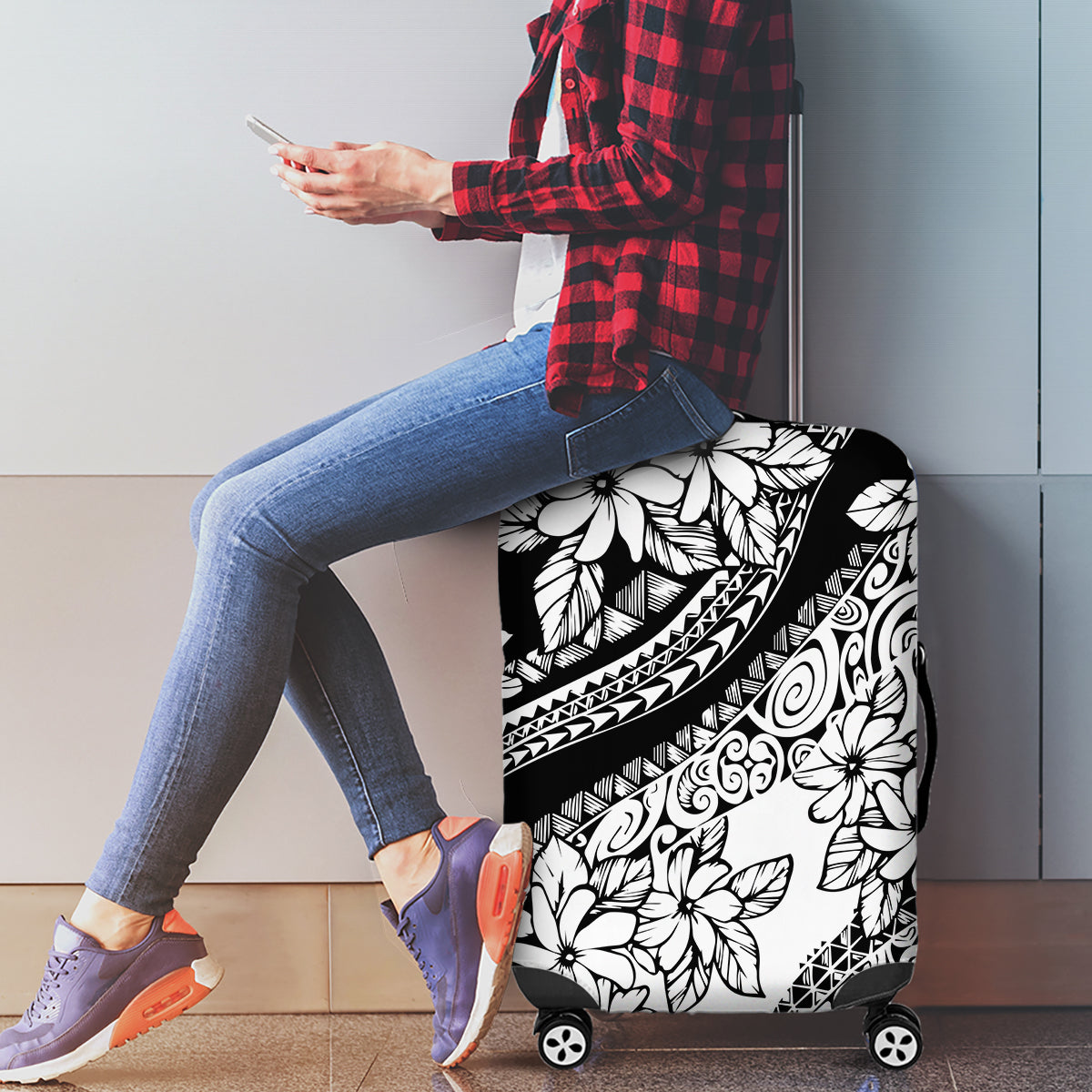 Polynesia Luggage Cover Polynesian Tropical Flowers Black Pastel Vibes - Wonder Print Shop