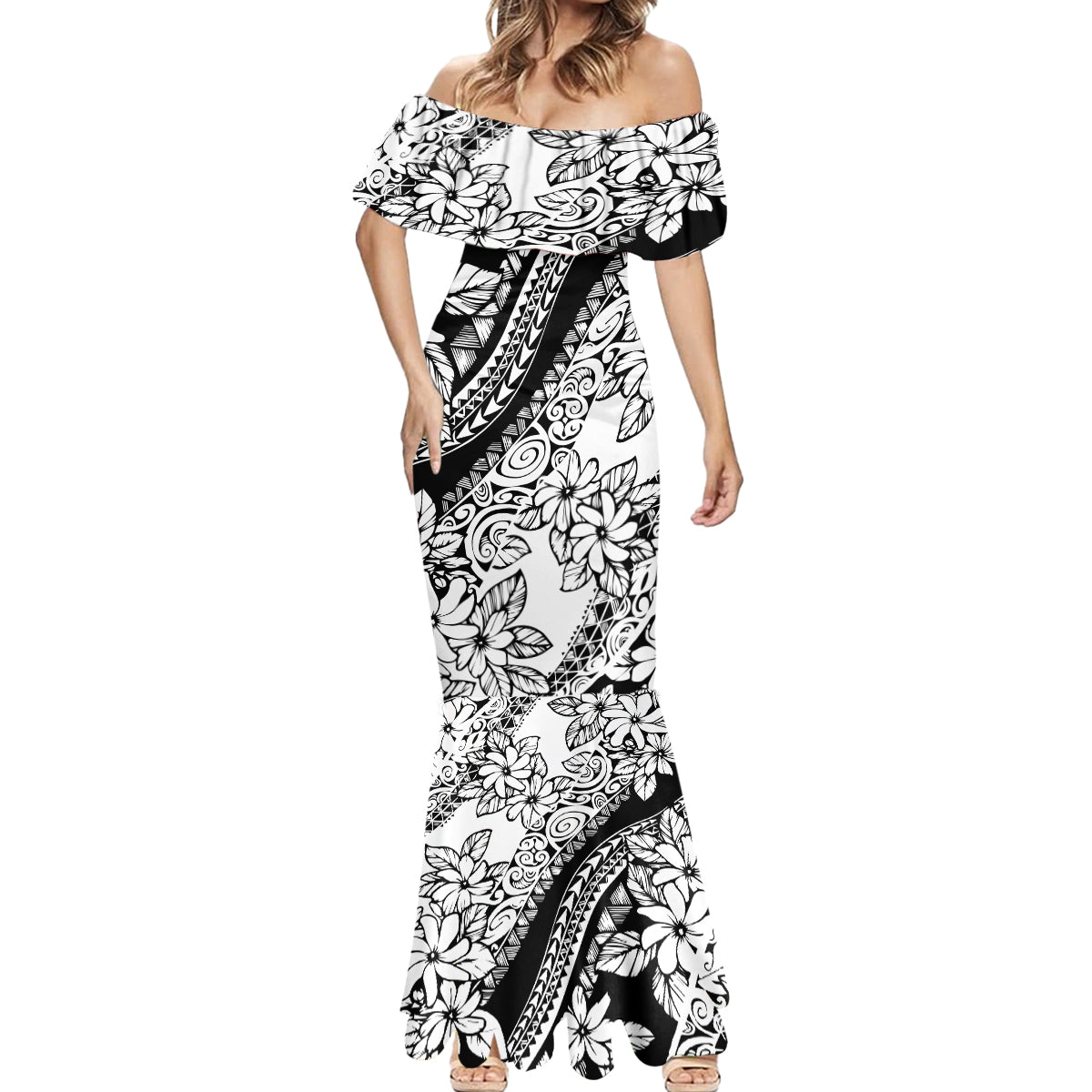 Polynesia Mermaid Dress Polynesian Tropical Flowers Black Pastel Vibes - Wonder Print Shop