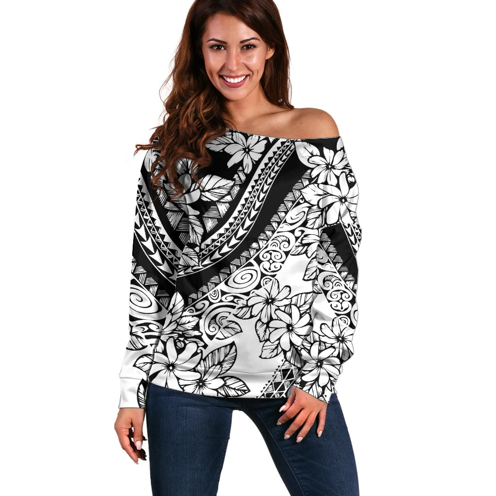 Polynesia Off Shoulder Sweater Polynesian Tropical Flowers Black Pastel Vibes - Wonder Print Shop
