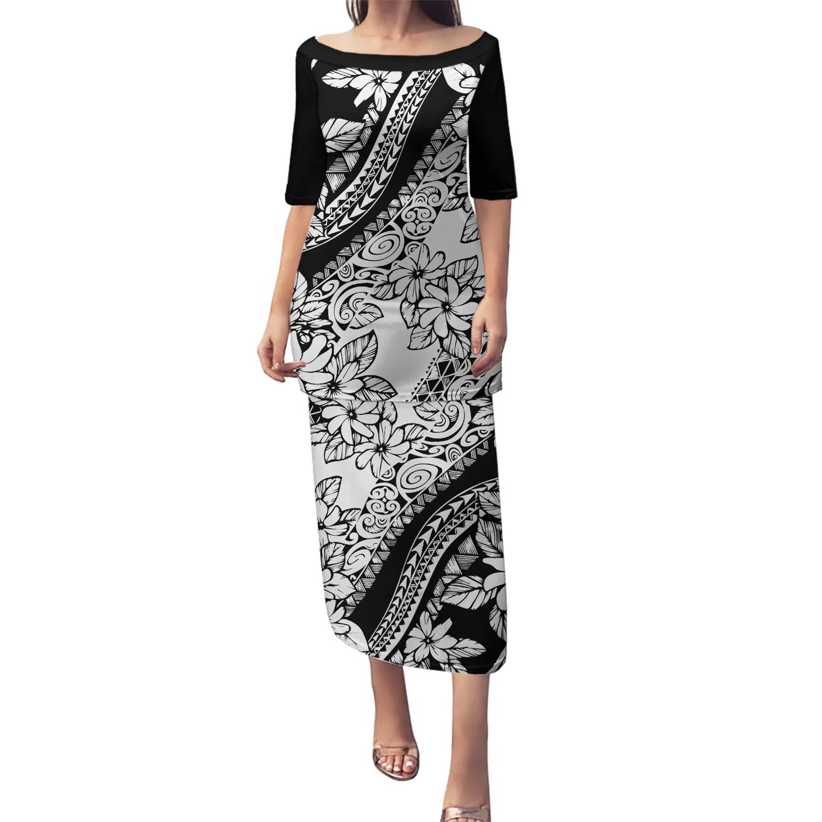 Polynesia Puletasi Polynesian Tropical Flowers Black Pastel Vibes - Wonder Print Shop