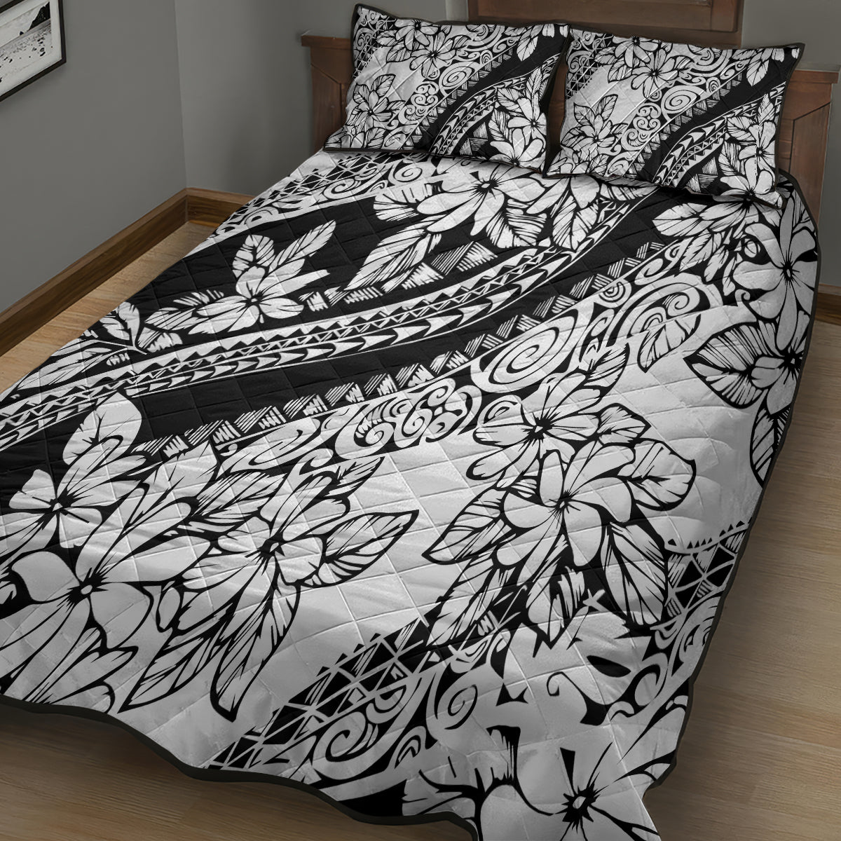 Polynesia Quilt Bed Set Polynesian Tropical Flowers Black Pastel Vibes - Wonder Print Shop