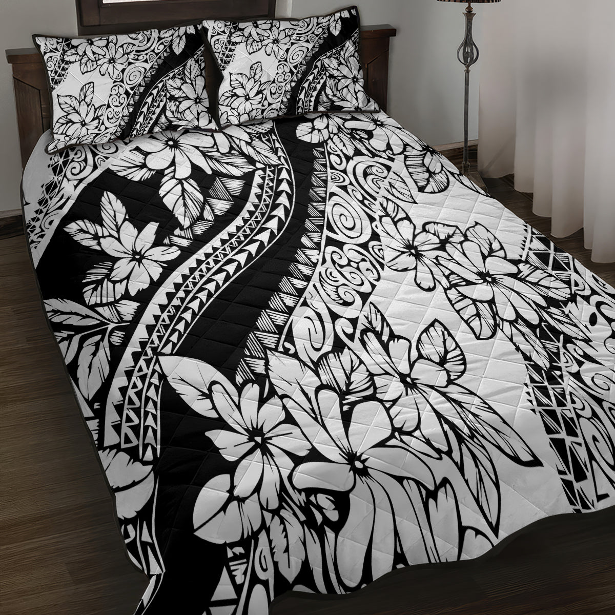 Polynesia Quilt Bed Set Polynesian Tropical Flowers Black Pastel Vibes - Wonder Print Shop