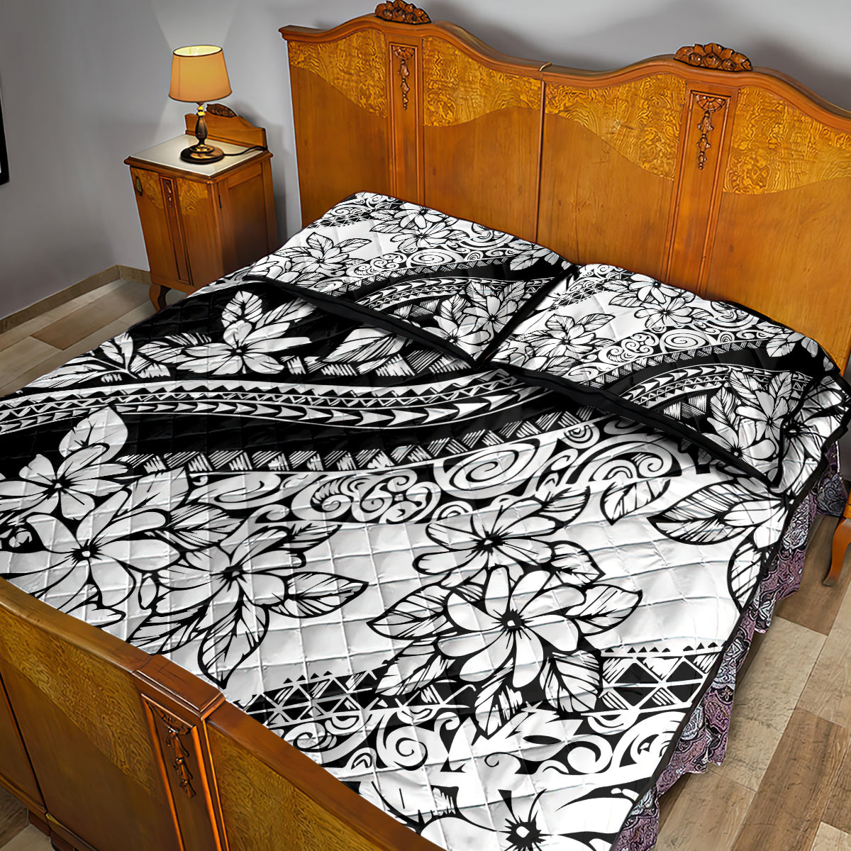 Polynesia Quilt Bed Set Polynesian Tropical Flowers Black Pastel Vibes - Wonder Print Shop