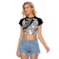 Polynesia Raglan Cropped T Shirt Polynesian Tropical Flowers Black Pastel Vibes - Wonder Print Shop