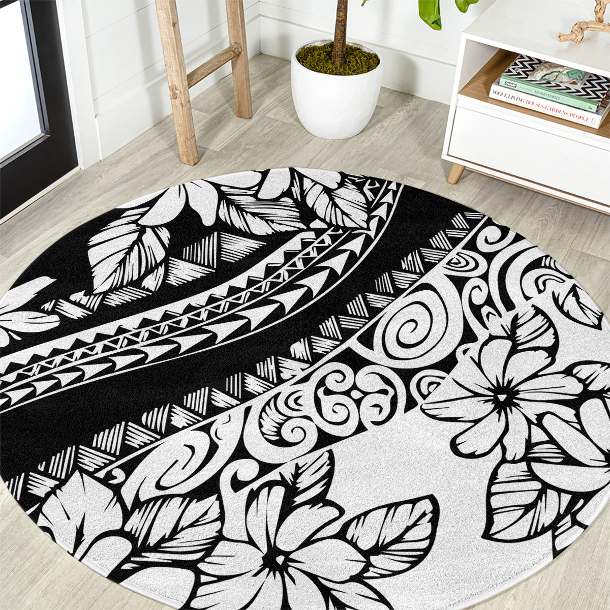 polynesia-round-carpet-polynesian-tropical-flowers-black-pastel-vibes