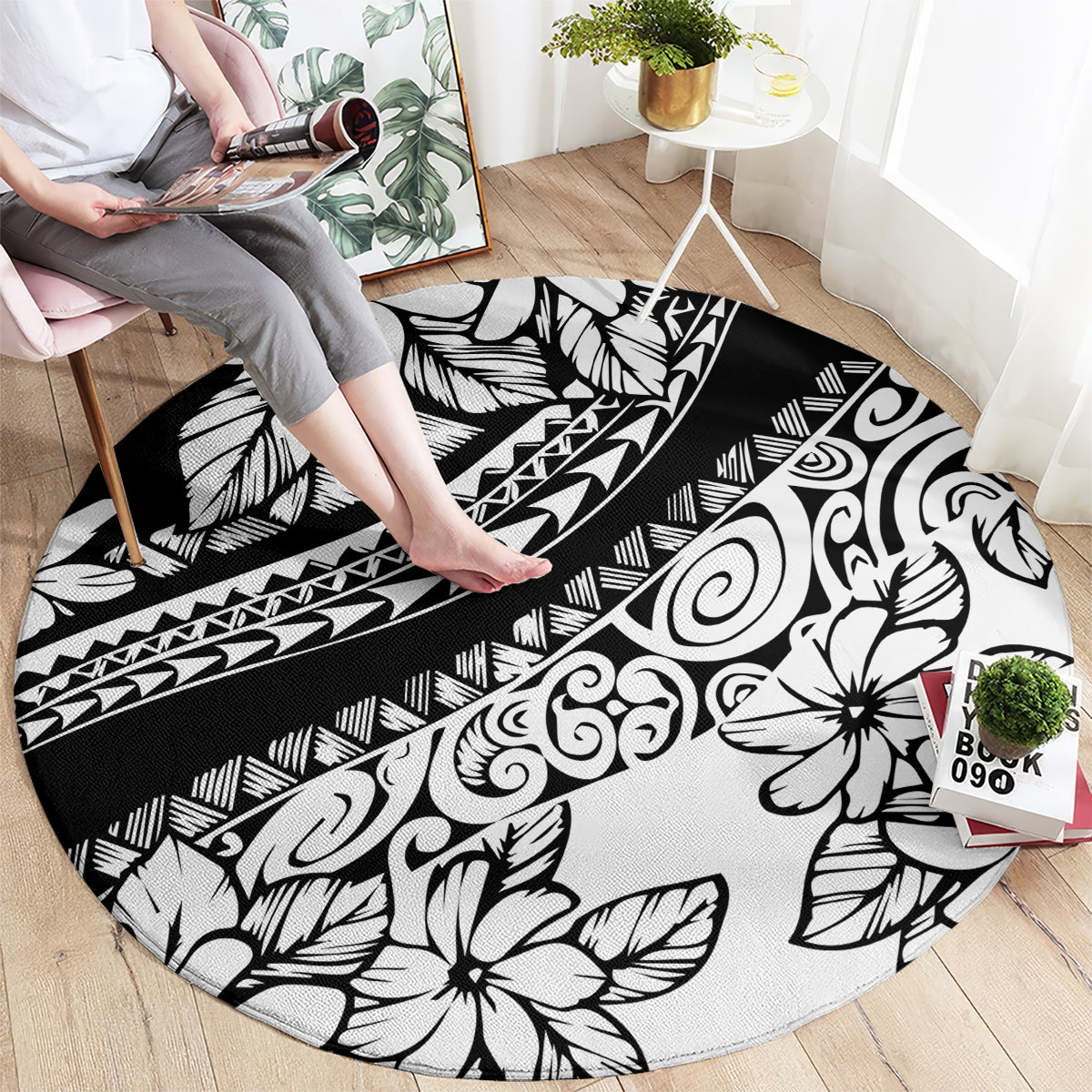 polynesia-round-carpet-polynesian-tropical-flowers-black-pastel-vibes