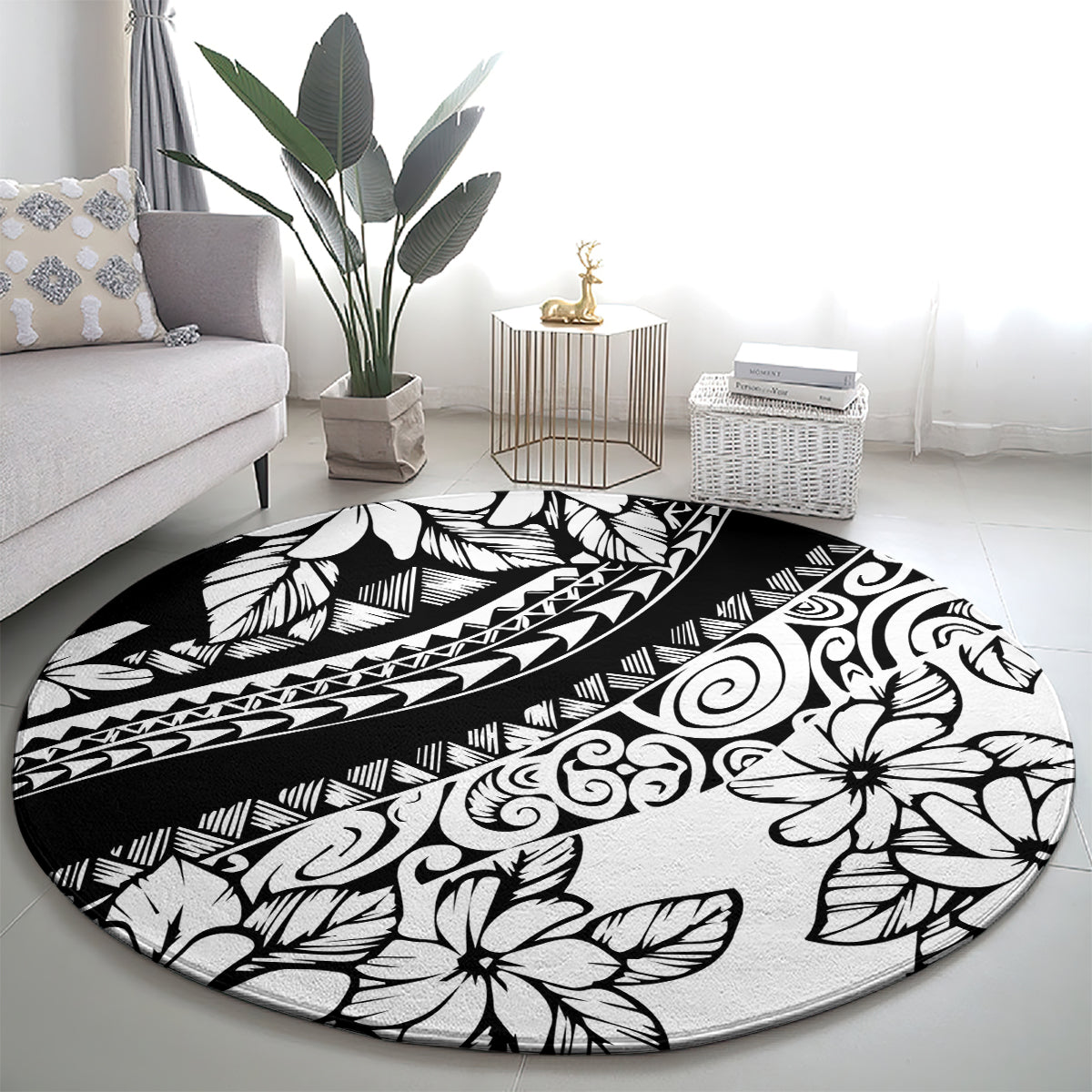 polynesia-round-carpet-polynesian-tropical-flowers-black-pastel-vibes