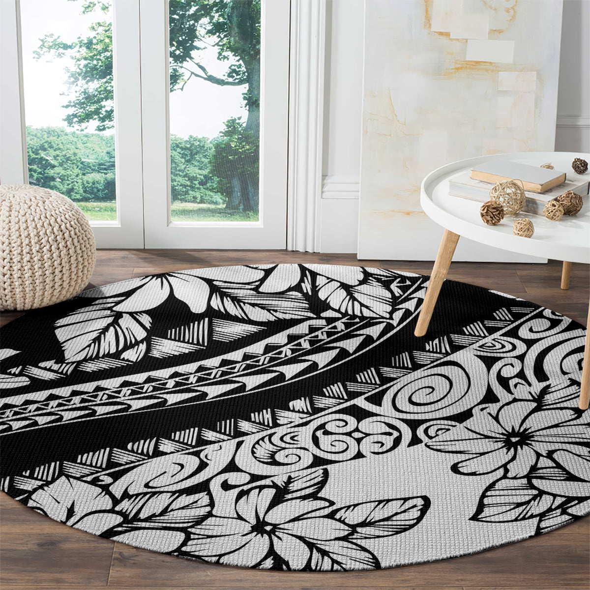polynesia-round-carpet-polynesian-tropical-flowers-black-pastel-vibes