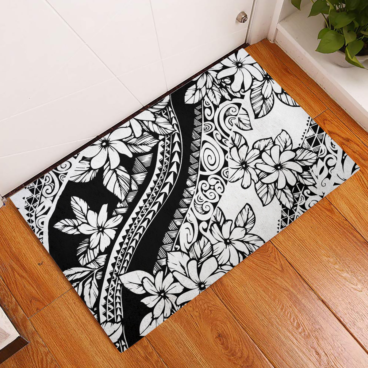 Polynesia Rubber Doormat Polynesian Tropical Flowers Black Pastel Vibes - Wonder Print Shop
