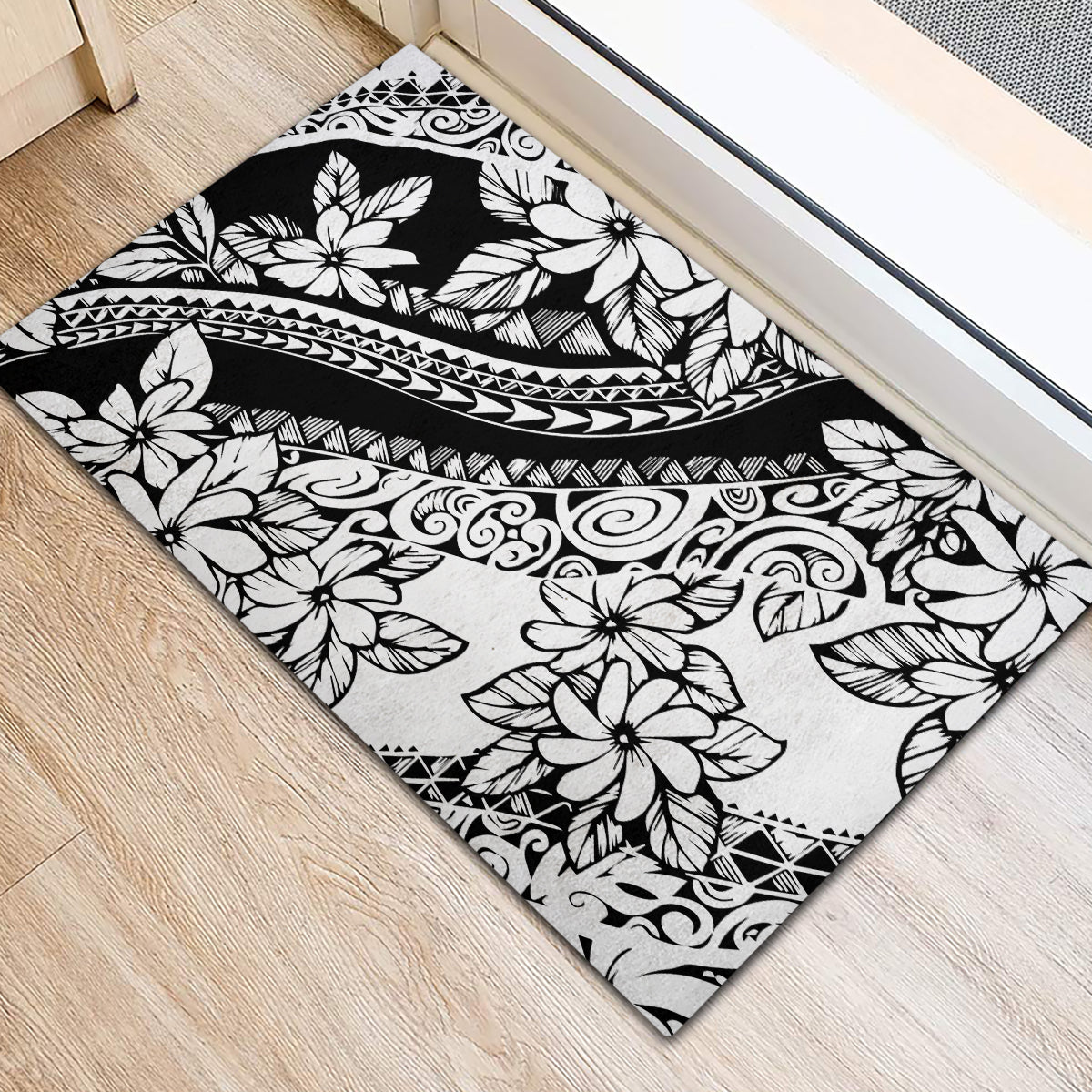 Polynesia Rubber Doormat Polynesian Tropical Flowers Black Pastel Vibes - Wonder Print Shop