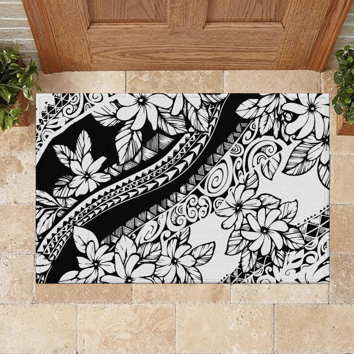 Polynesia Rubber Doormat Polynesian Tropical Flowers Black Pastel Vibes - Wonder Print Shop