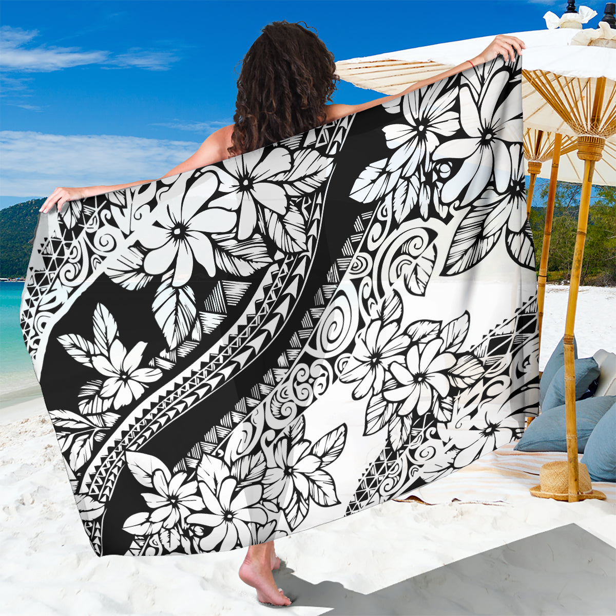 Polynesia Sarong Polynesian Tropical Flowers Black Pastel Vibes - Wonder Print Shop