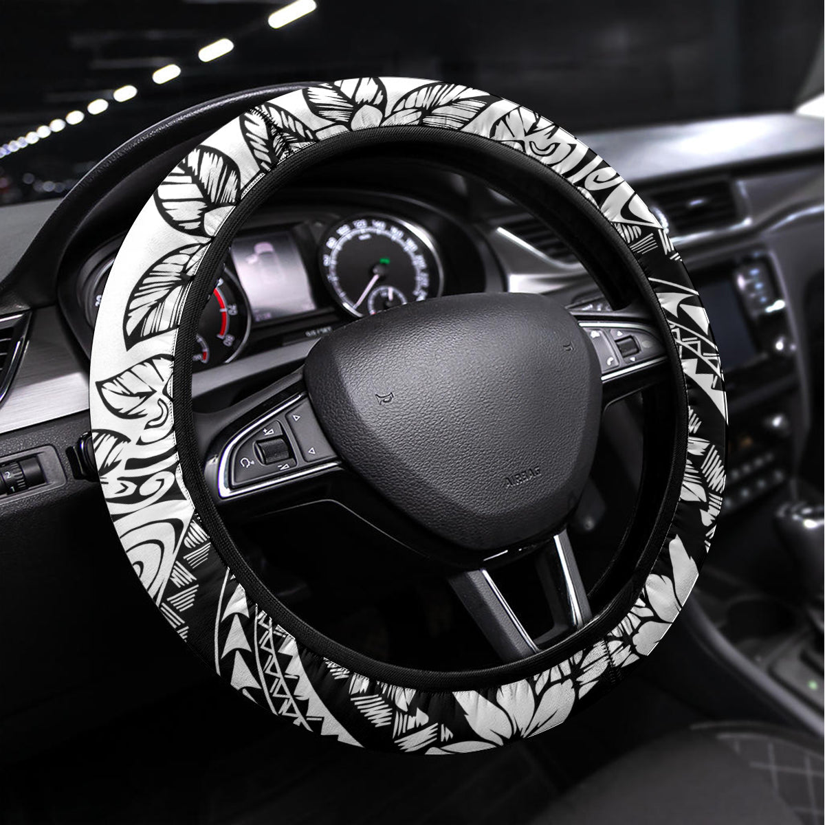 Polynesia Steering Wheel Cover Polynesian Tropical Flowers Black Pastel Vibes - Wonder Print Shop