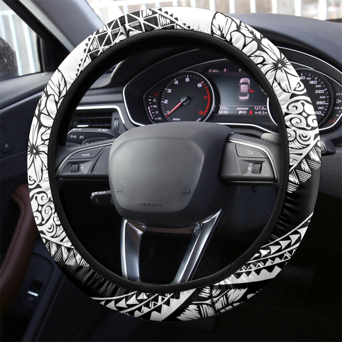 Polynesia Steering Wheel Cover Polynesian Tropical Flowers Black Pastel Vibes - Wonder Print Shop