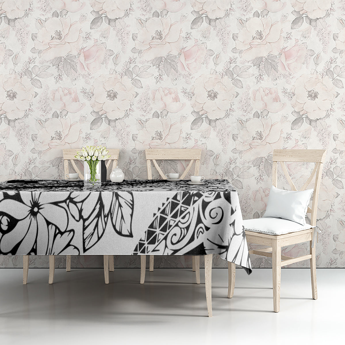 Polynesia Tablecloth Polynesian Tropical Flowers Black Pastel Vibes - Wonder Print Shop