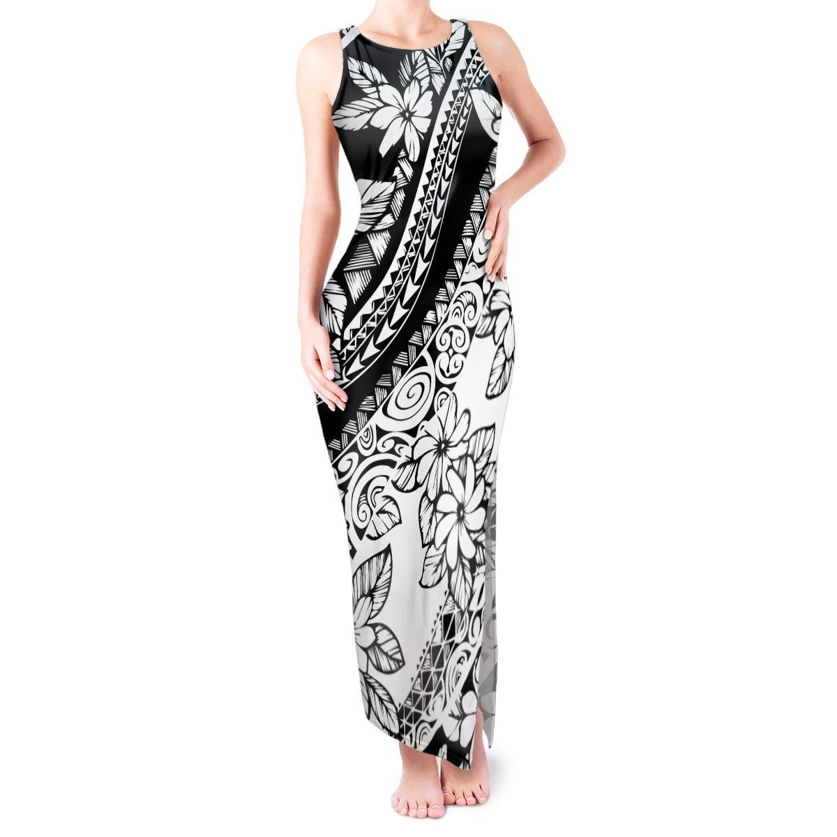 Polynesia Tank Maxi Dress Polynesian Tropical Flowers Black Pastel Vibes - Wonder Print Shop