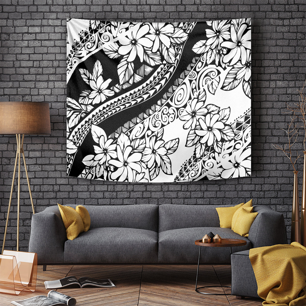 Polynesia Tapestry Polynesian Tropical Flowers Black Pastel Vibes - Wonder Print Shop