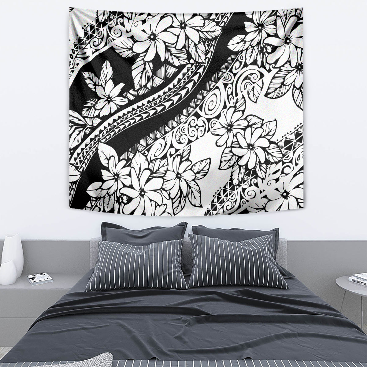 Polynesia Tapestry Polynesian Tropical Flowers Black Pastel Vibes - Wonder Print Shop