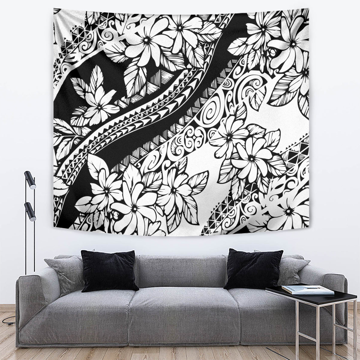 Polynesia Tapestry Polynesian Tropical Flowers Black Pastel Vibes - Wonder Print Shop