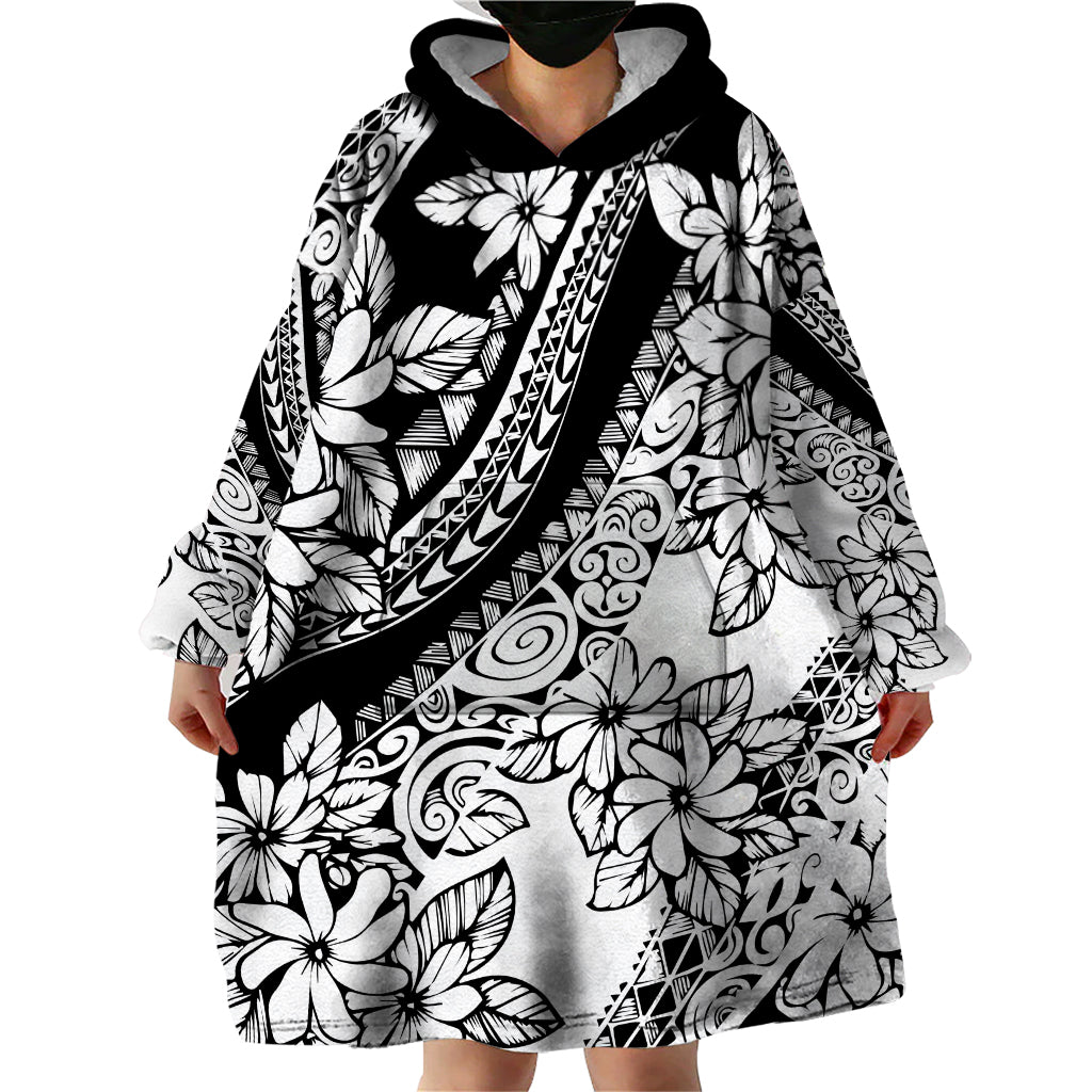 Polynesia Wearable Blanket Hoodie Polynesian Tropical Flowers Black Pastel Vibes - Wonder Print Shop