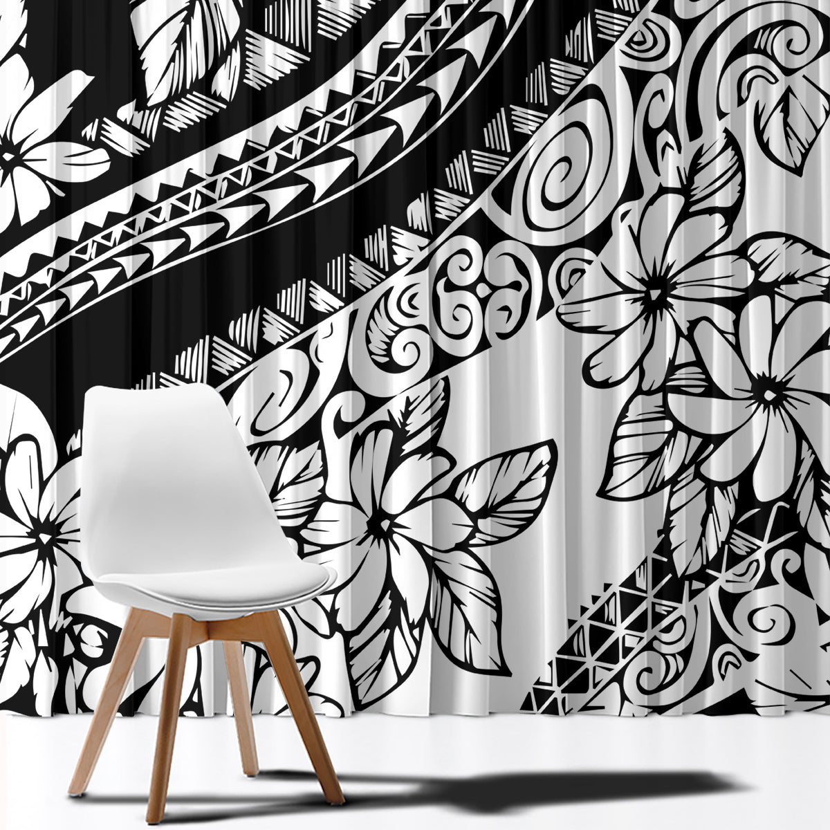 Polynesia Window Curtain Polynesian Tropical Flowers Black Pastel Vibes - Wonder Print Shop