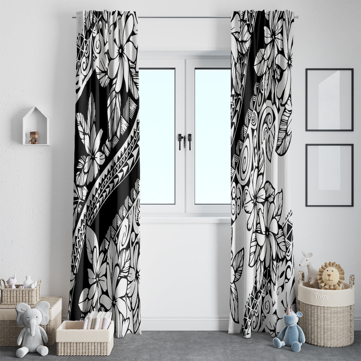 Polynesia Window Curtain Polynesian Tropical Flowers Black Pastel Vibes - Wonder Print Shop