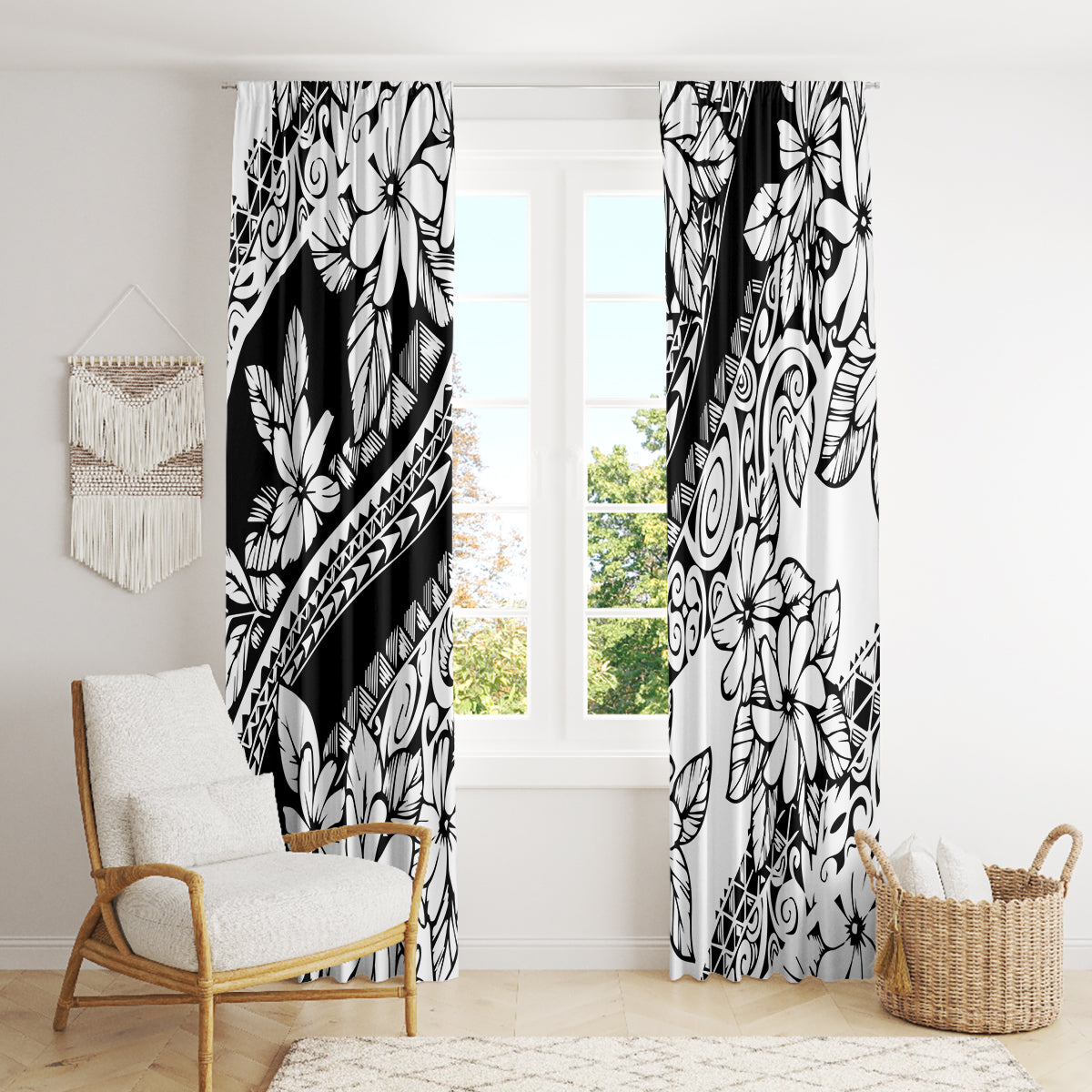 Polynesia Window Curtain Polynesian Tropical Flowers Black Pastel Vibes - Wonder Print Shop
