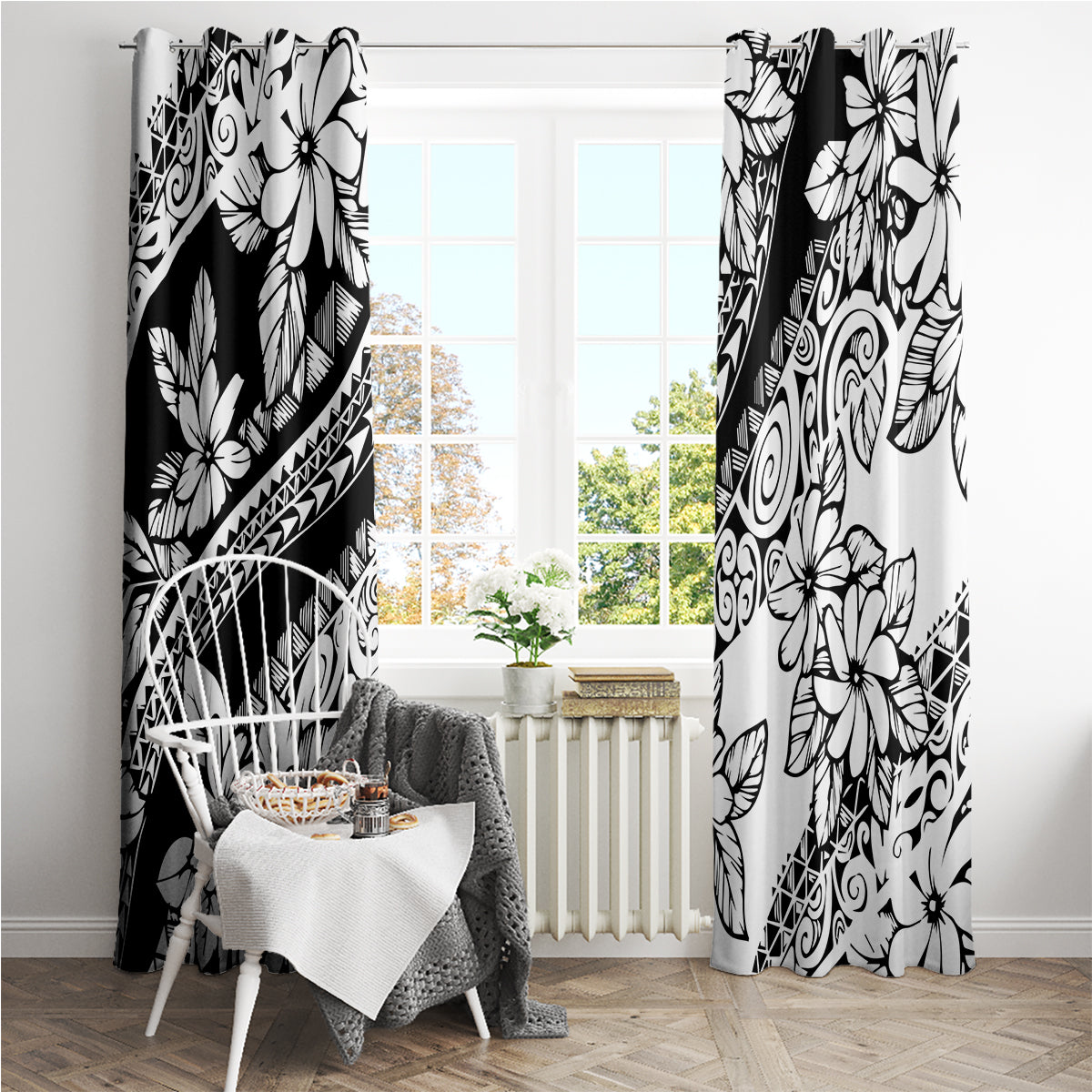 Polynesia Window Curtain Polynesian Tropical Flowers Black Pastel Vibes - Wonder Print Shop