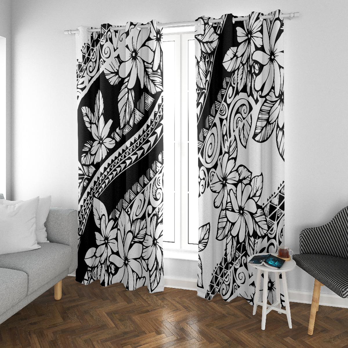Polynesia Window Curtain Polynesian Tropical Flowers Black Pastel Vibes - Wonder Print Shop