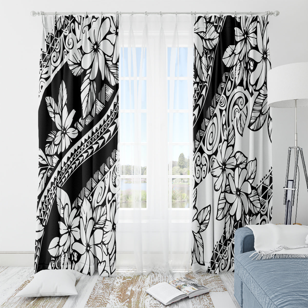 Polynesia Window Curtain Polynesian Tropical Flowers Black Pastel Vibes - Wonder Print Shop