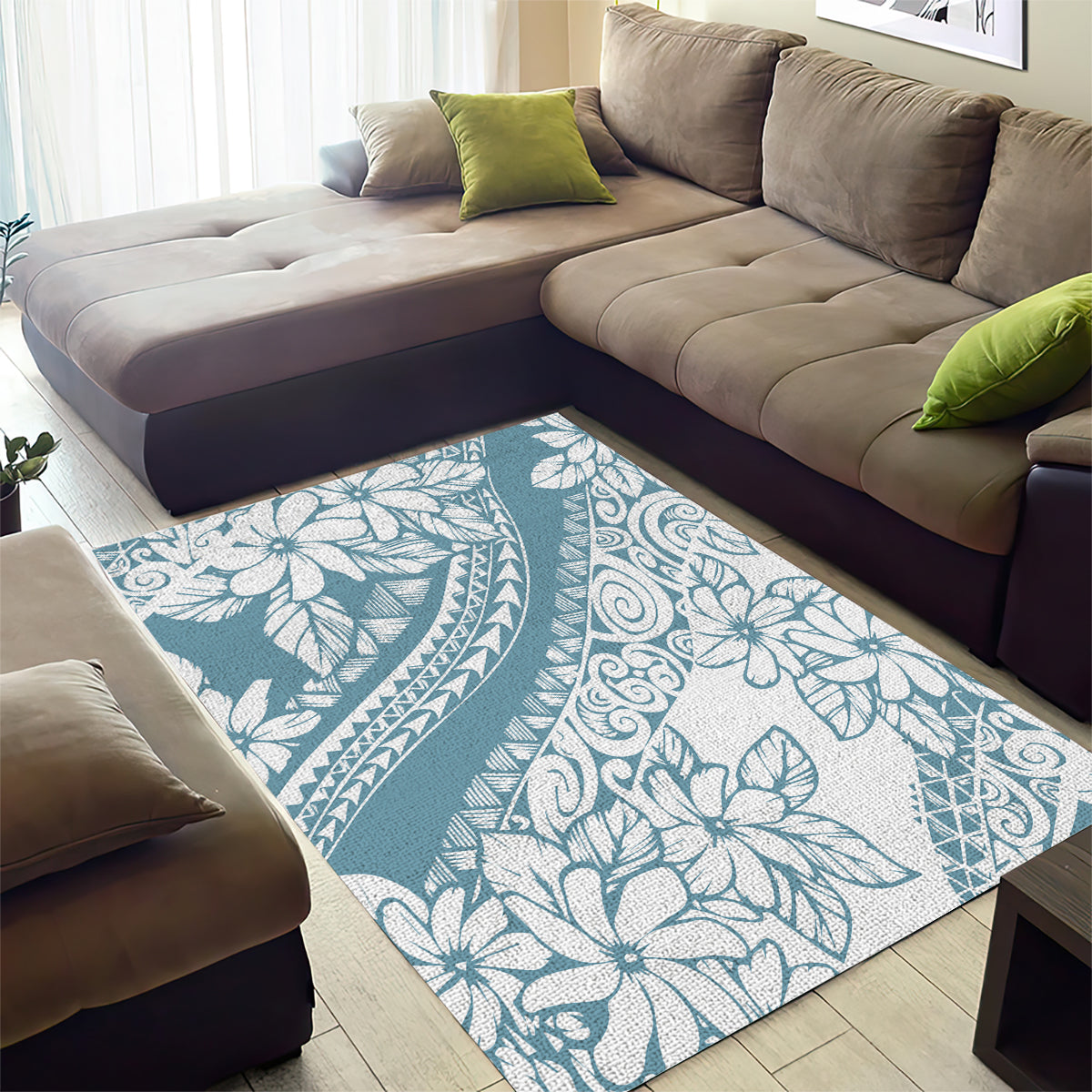 Polynesia Area Rug Polynesian Tropical Flowers Blue Pastel Vibes - Wonder Print Shop