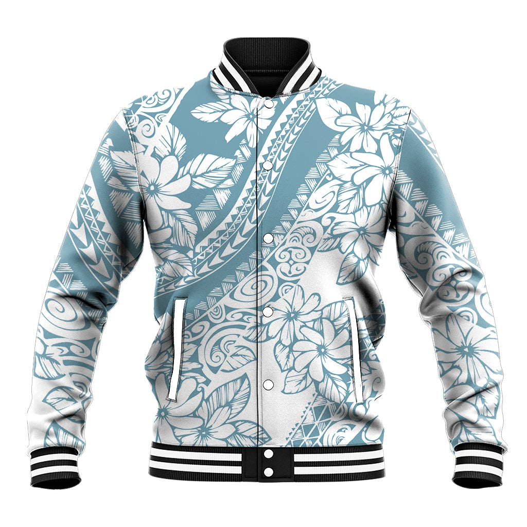 Polynesia Baseball Jacket Polynesian Tropical Flowers Blue Pastel Vibes - Wonder Print Shop