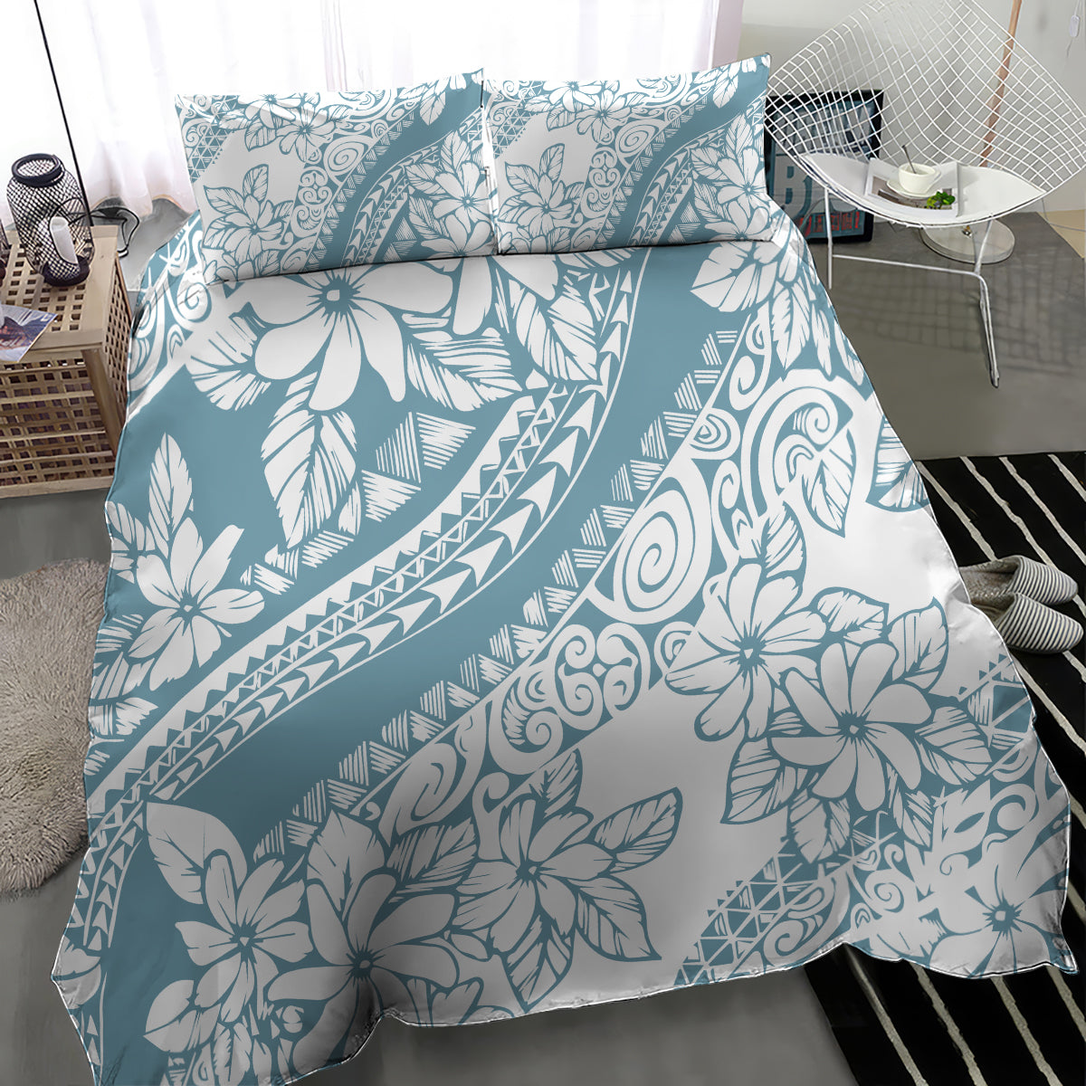 Polynesia Bedding Set Polynesian Tropical Flowers Blue Pastel Vibes - Wonder Print Shop