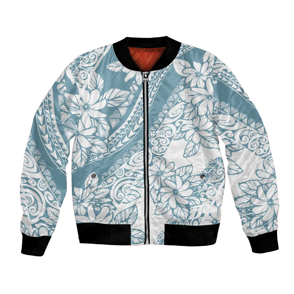 Polynesia Bomber Jacket Polynesian Tropical Flowers Blue Pastel Vibes - Wonder Print Shop