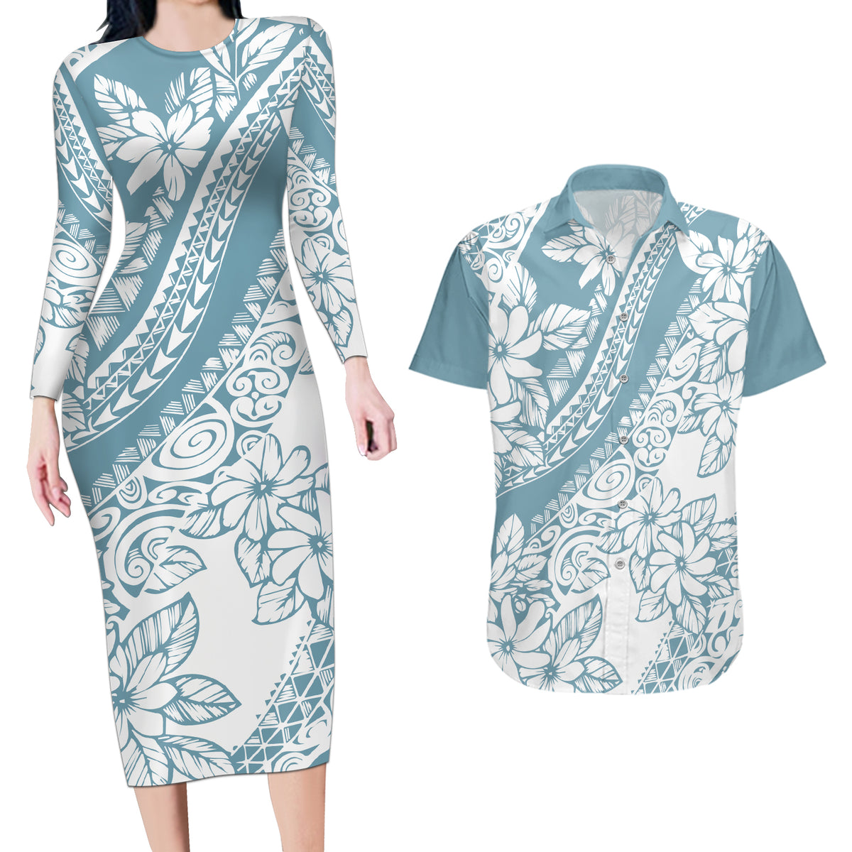 Polynesia Couples Matching Long Sleeve Bodycon Dress and Hawaiian Shirt Polynesian Tropical Flowers Blue Pastel Vibes - Wonder Print Shop