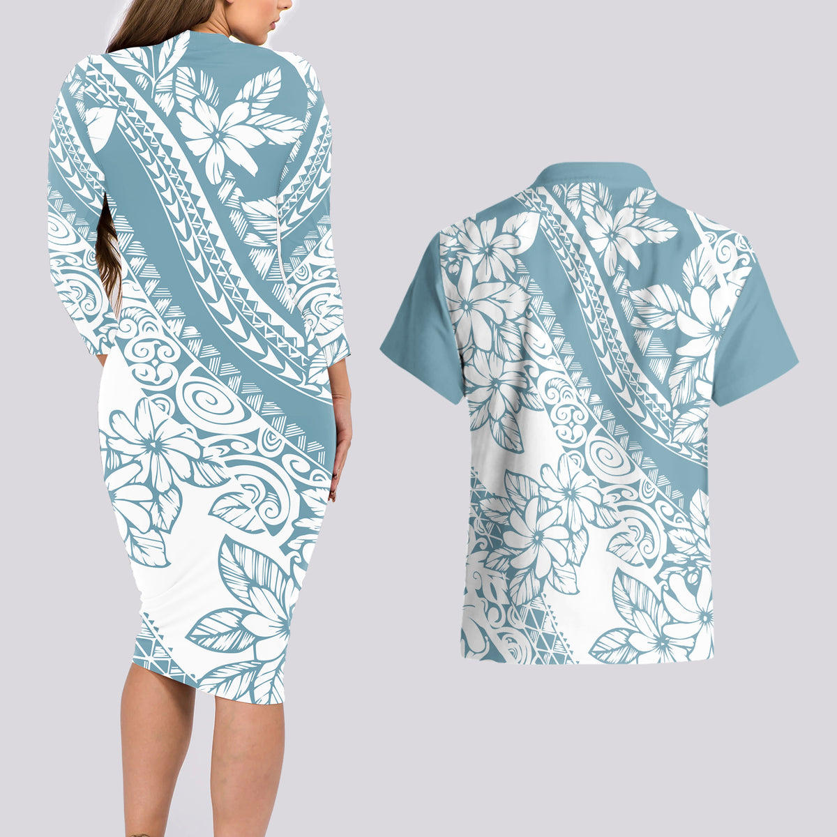 Polynesia Couples Matching Long Sleeve Bodycon Dress and Hawaiian Shirt Polynesian Tropical Flowers Blue Pastel Vibes - Wonder Print Shop