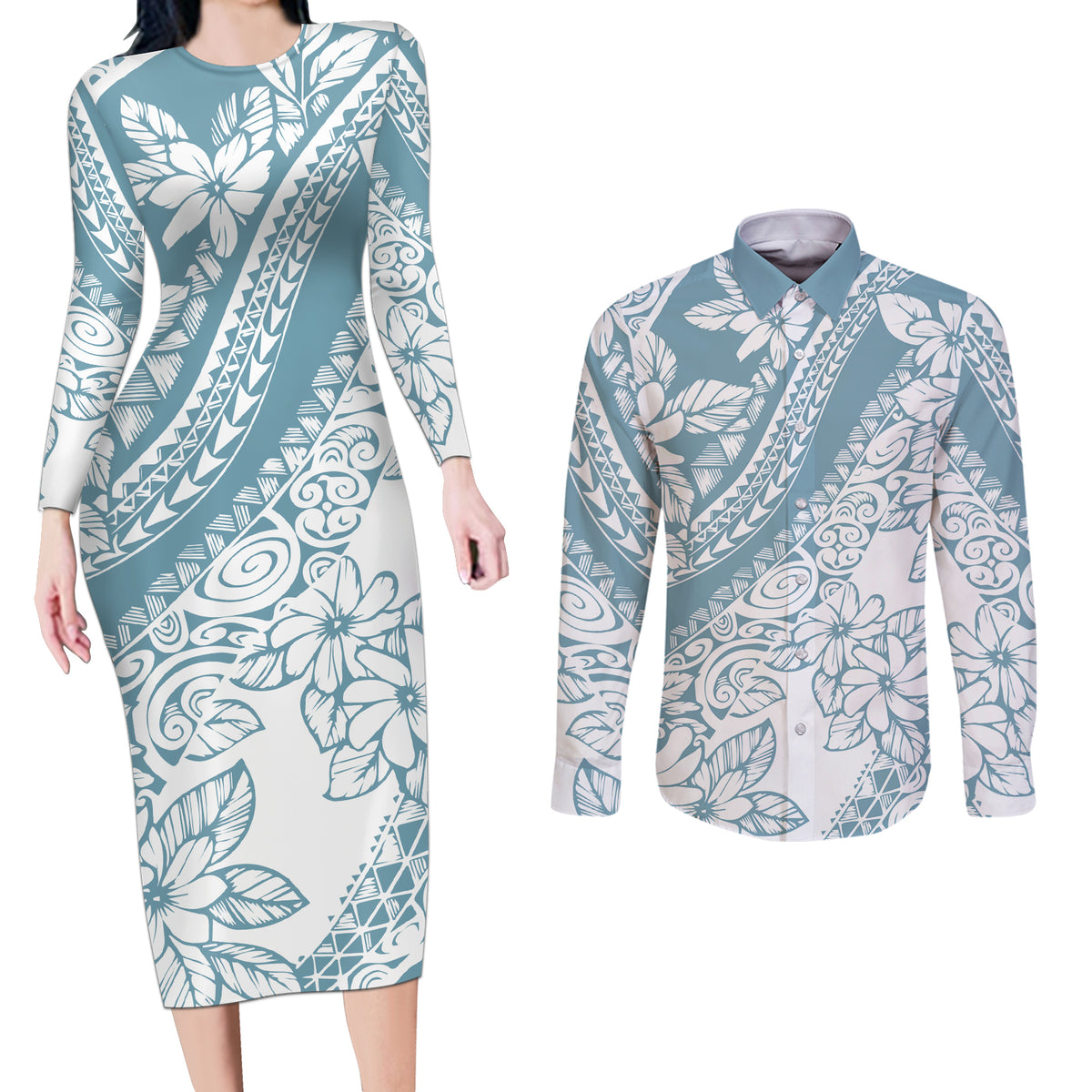 Polynesia Couples Matching Long Sleeve Bodycon Dress and Long Sleeve Button Shirts Polynesian Tropical Flowers Blue Pastel Vibes - Wonder Print Shop