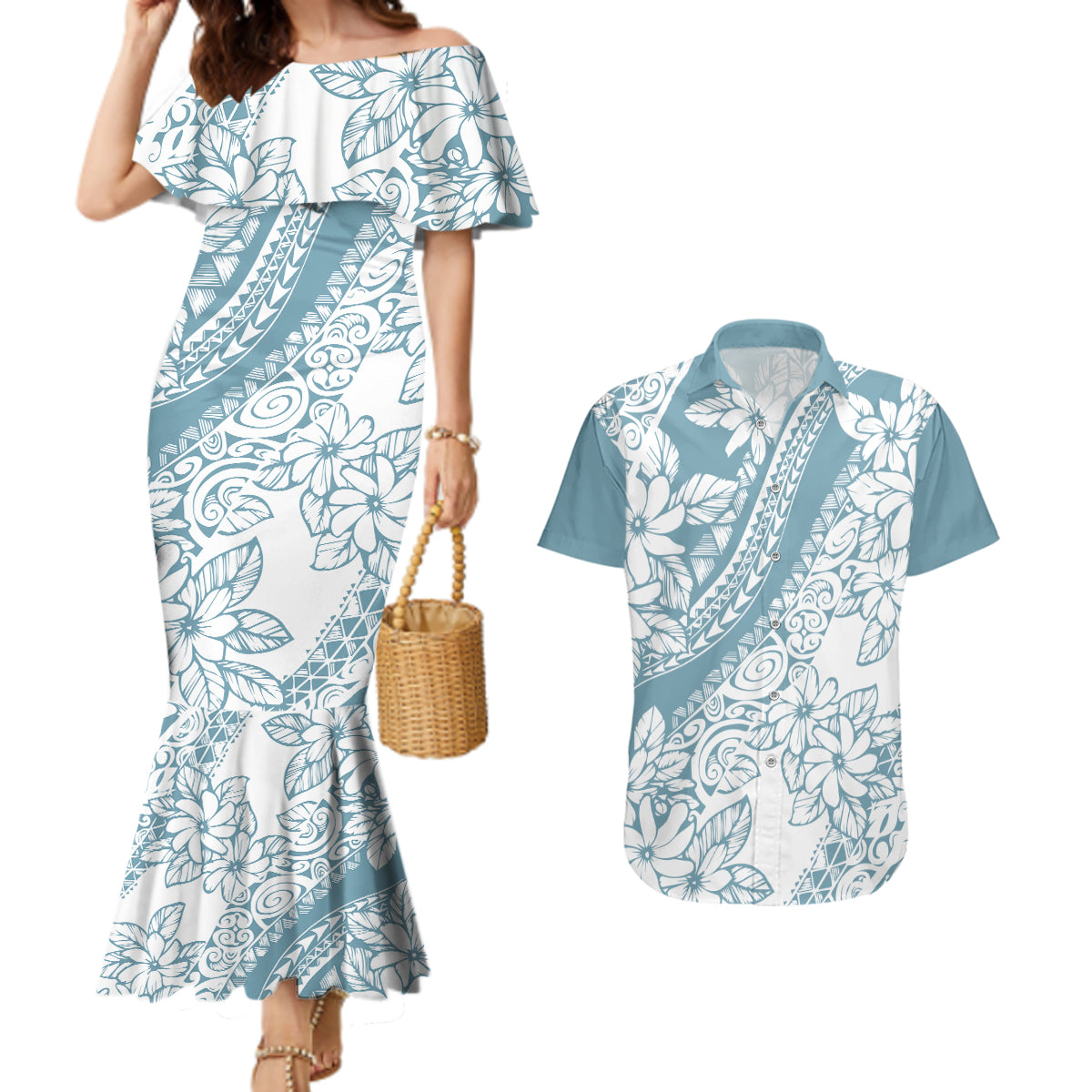 Polynesia Couples Matching Mermaid Dress and Hawaiian Shirt Polynesian Tropical Flowers Blue Pastel Vibes - Wonder Print Shop