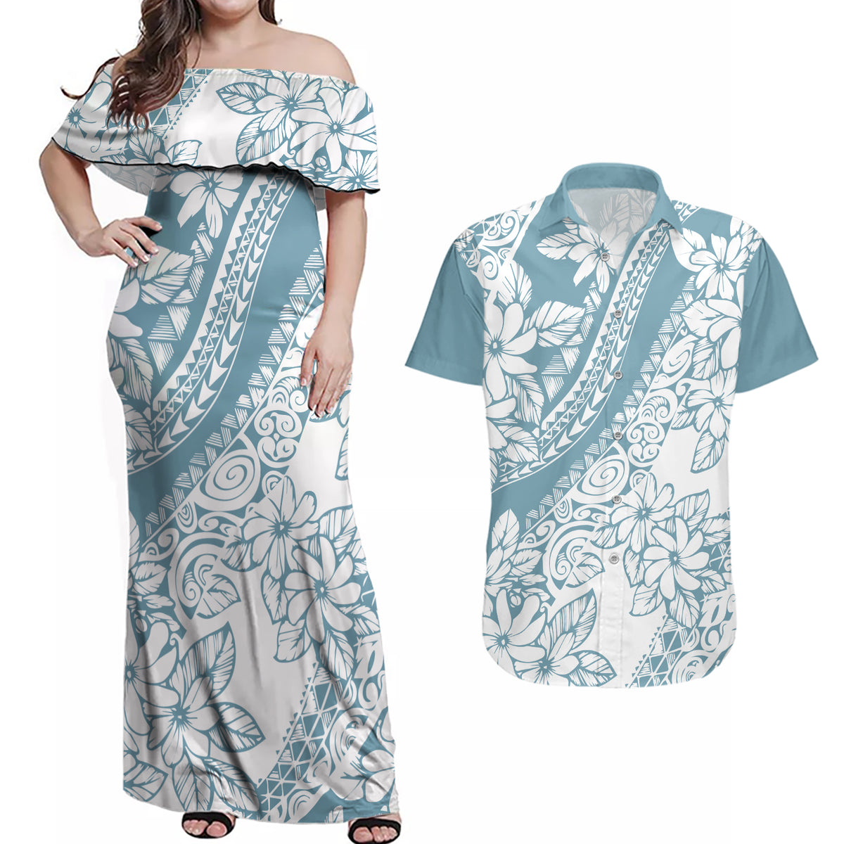 Polynesia Couples Matching Off Shoulder Maxi Dress and Hawaiian Shirt Polynesian Tropical Flowers Blue Pastel Vibes - Wonder Print Shop