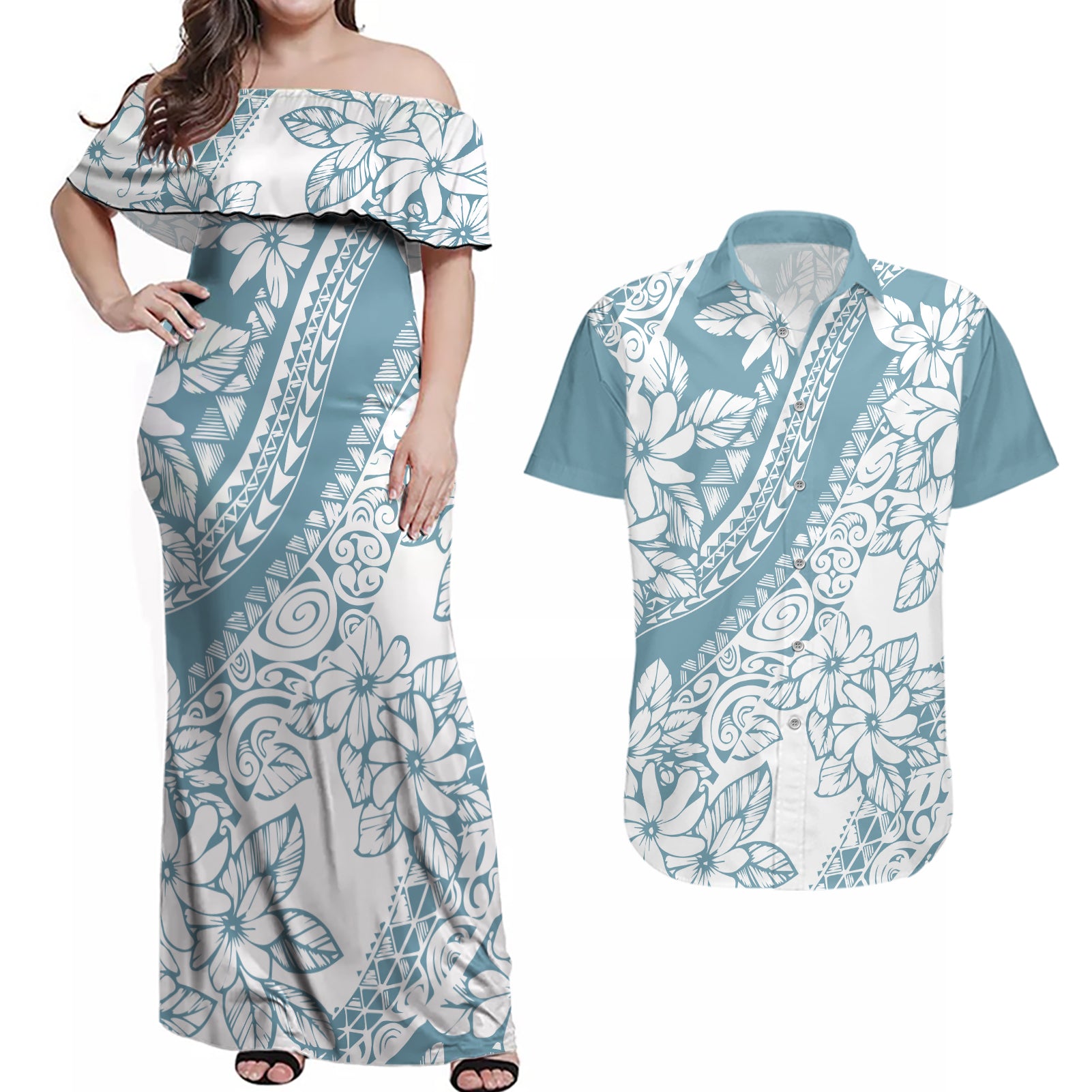 Polynesia Couples Matching Off Shoulder Maxi Dress and Hawaiian Shirt Polynesian Tropical Flowers Blue Pastel Vibes - Wonder Print Shop