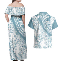 Polynesia Couples Matching Off Shoulder Maxi Dress and Hawaiian Shirt Polynesian Tropical Flowers Blue Pastel Vibes - Wonder Print Shop