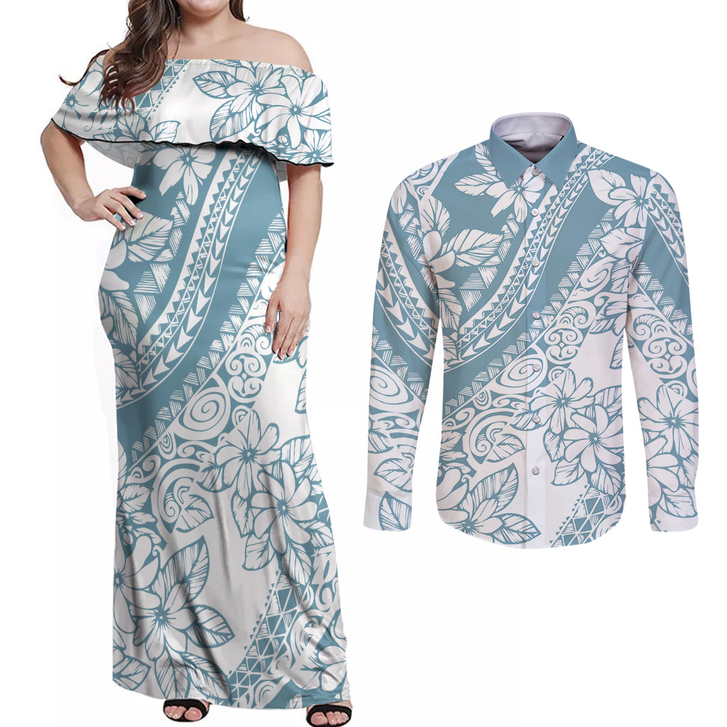 Polynesia Couples Matching Off Shoulder Maxi Dress and Long Sleeve Button Shirts Polynesian Tropical Flowers Blue Pastel Vibes - Wonder Print Shop
