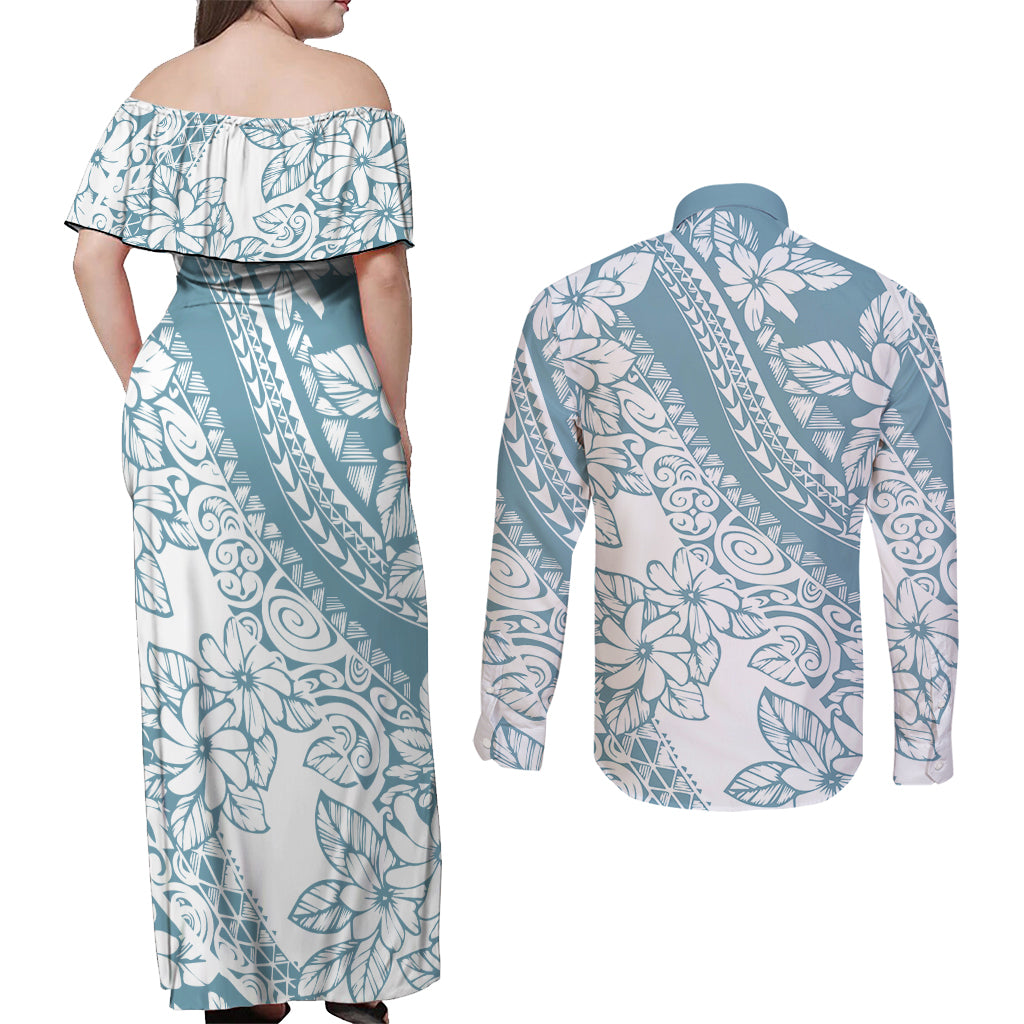 Polynesia Couples Matching Off Shoulder Maxi Dress and Long Sleeve Button Shirts Polynesian Tropical Flowers Blue Pastel Vibes - Wonder Print Shop