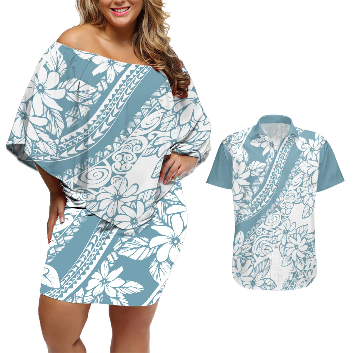 Polynesia Couples Matching Off Shoulder Short Dress and Hawaiian Shirt Polynesian Tropical Flowers Blue Pastel Vibes - Wonder Print Shop