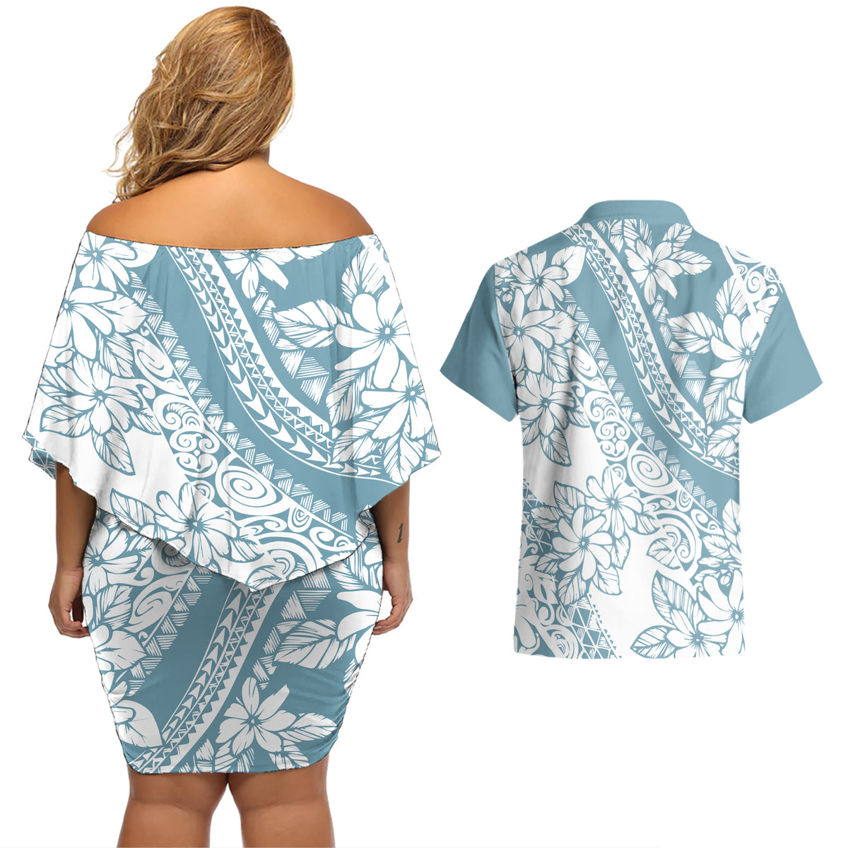 Polynesia Couples Matching Off Shoulder Short Dress and Hawaiian Shirt Polynesian Tropical Flowers Blue Pastel Vibes - Wonder Print Shop