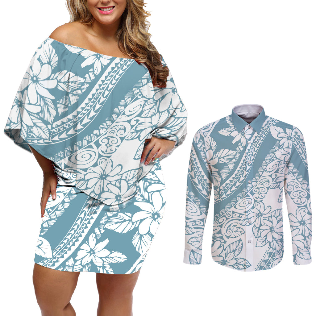 Polynesia Couples Matching Off Shoulder Short Dress and Long Sleeve Button Shirts Polynesian Tropical Flowers Blue Pastel Vibes - Wonder Print Shop