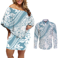 Polynesia Couples Matching Off Shoulder Short Dress and Long Sleeve Button Shirts Polynesian Tropical Flowers Blue Pastel Vibes - Wonder Print Shop