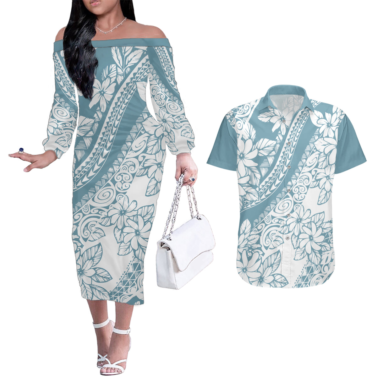 Polynesia Couples Matching Off The Shoulder Long Sleeve Dress and Hawaiian Shirt Polynesian Tropical Flowers Blue Pastel Vibes - Wonder Print Shop